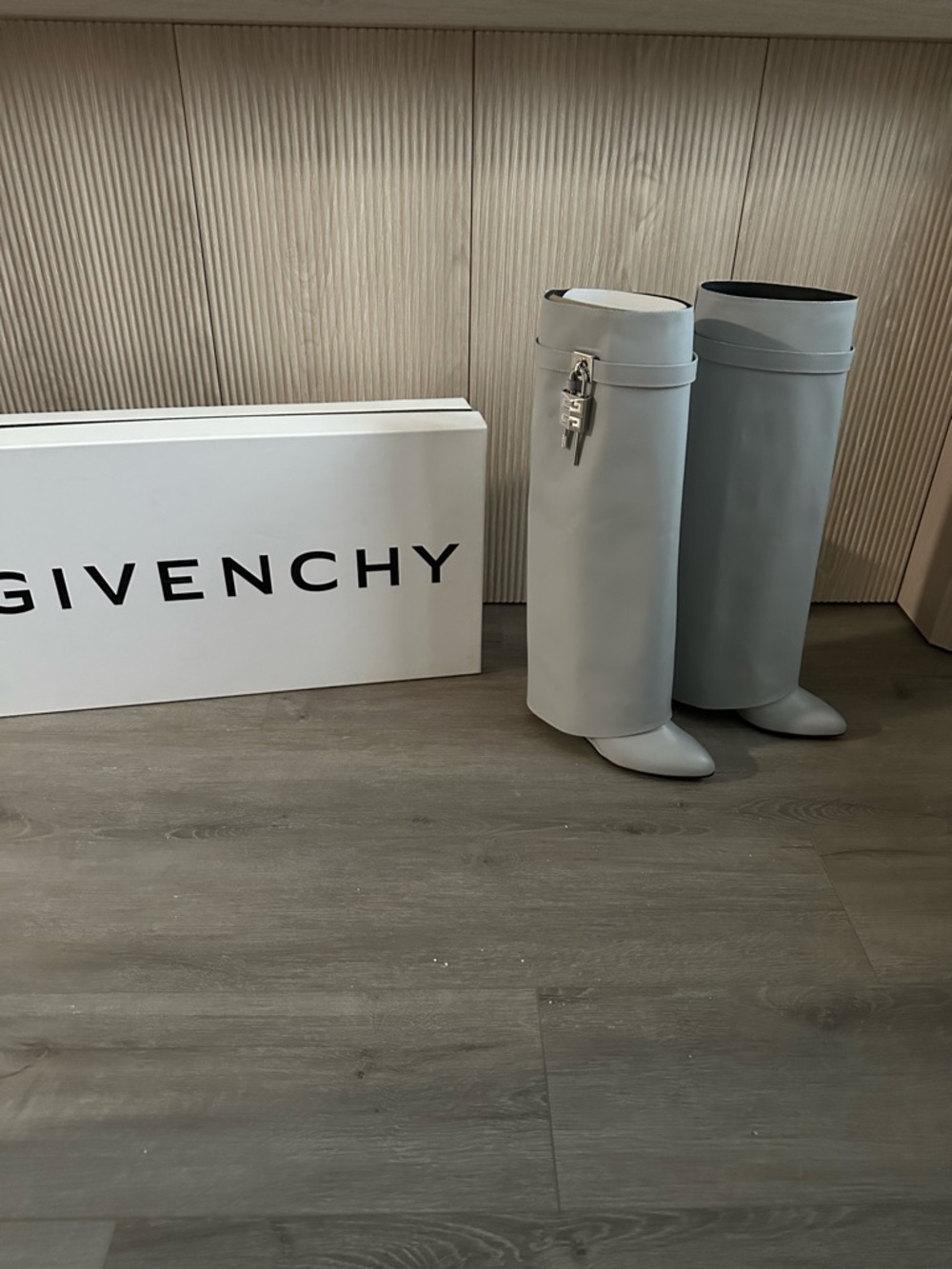 Givenchy Gray Tall Leather Shark Boots with Lock Detail